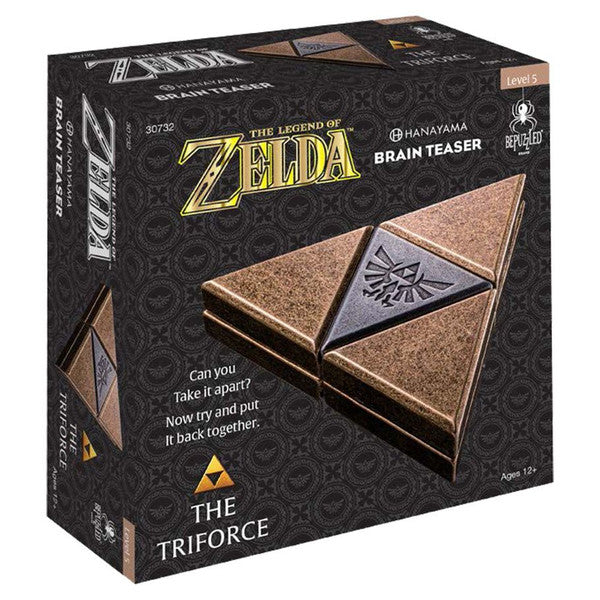 Hanayama Zelda TriForce Level 5 puzzle box featuring a triangular design with the Triforce symbol, ideal for brain teaser enthusiasts.