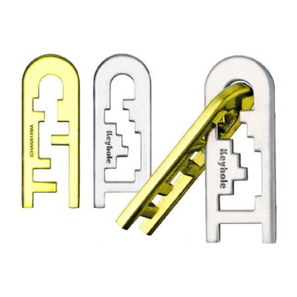 Hanayama Keyhole Level 4 Puzzle featuring interlocking metal pieces in gold and silver, designed for challenging brain teasers.
