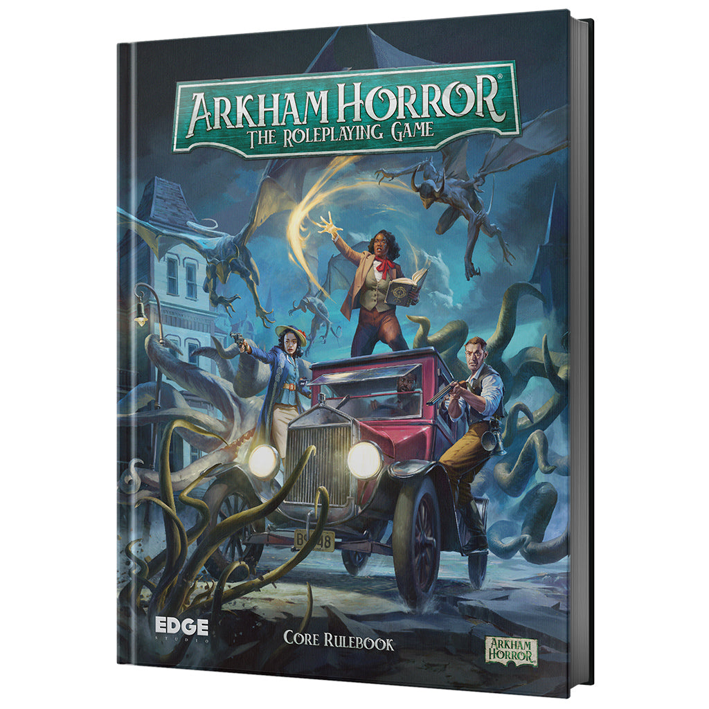 Arkham Horror RPG Core Rulebook cover featuring adventurers battling supernatural creatures near a vintage car.