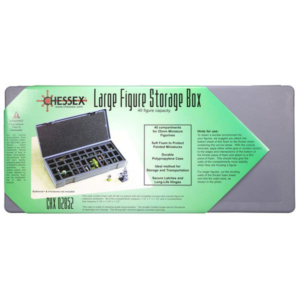 Chessex Large Figure Storage Box holds 40 miniatures, featuring compartments for organization and protection during transport.