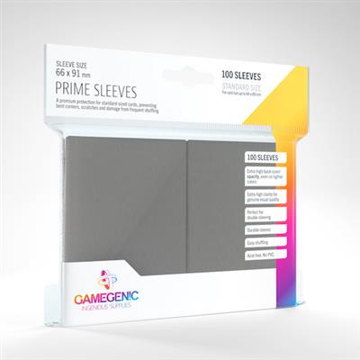 Gamegenic PRIME Sleeves in gray, pack of 100, designed for standard-sized cards, measuring 66 x 91 mm.