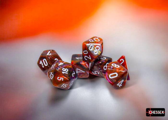 Chessex Festive Symphony/White Polyhedral 7-Dice Set featuring vibrant orange and red swirls with white numbering.