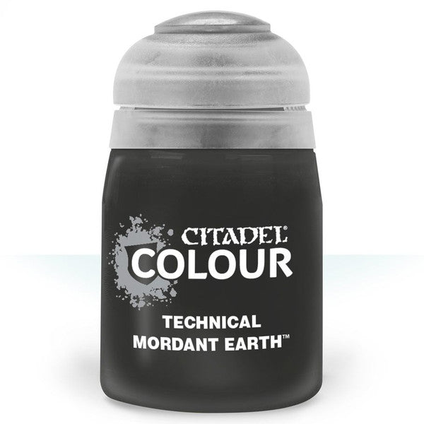 Citadel Paint Technical Mordant Earth 24ml bottle with a black base and silver lid, designed for miniature painting.