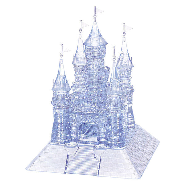 Clear 3D crystal puzzle of a grand castle featuring multiple towers, intricate details, and a base with steps.