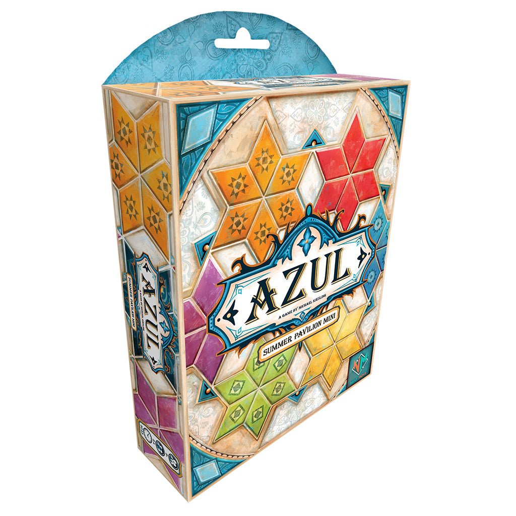 Colorful box design of Azul Summer Pavilion Mini board game featuring geometric patterns and vibrant tiles.