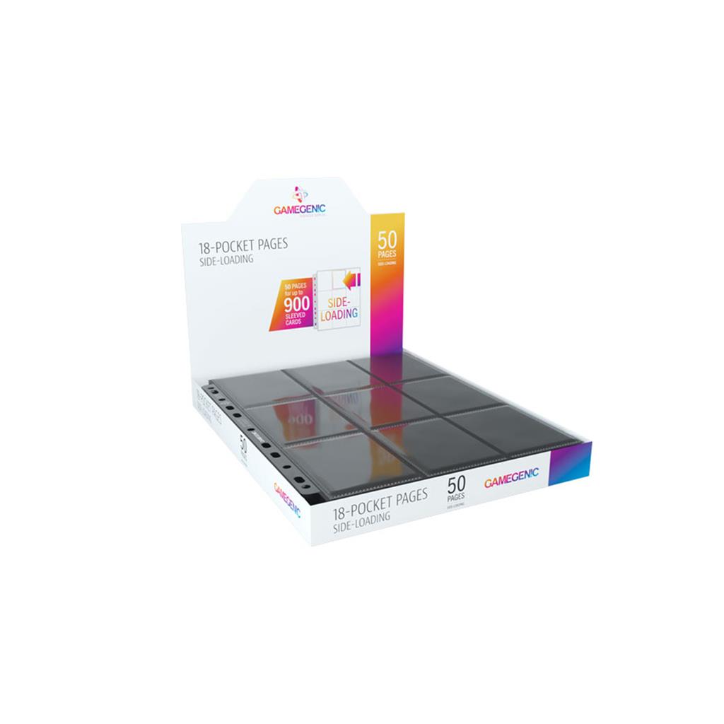 Gamegenic 18-pocket side-loading pages in black, packaged in a display box containing 50 pages for card storage.