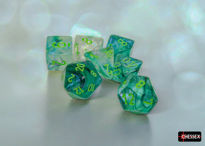 Chessex Borealis Kelp/Light Green Luminary polyhedral 7-dice set featuring translucent green and white dice with yellow numbers.