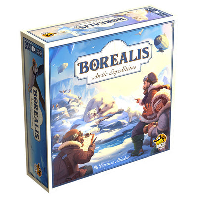 Box art for Borealis: Arctic Expeditions featuring explorers in a snowy landscape with polar bears and icebergs.