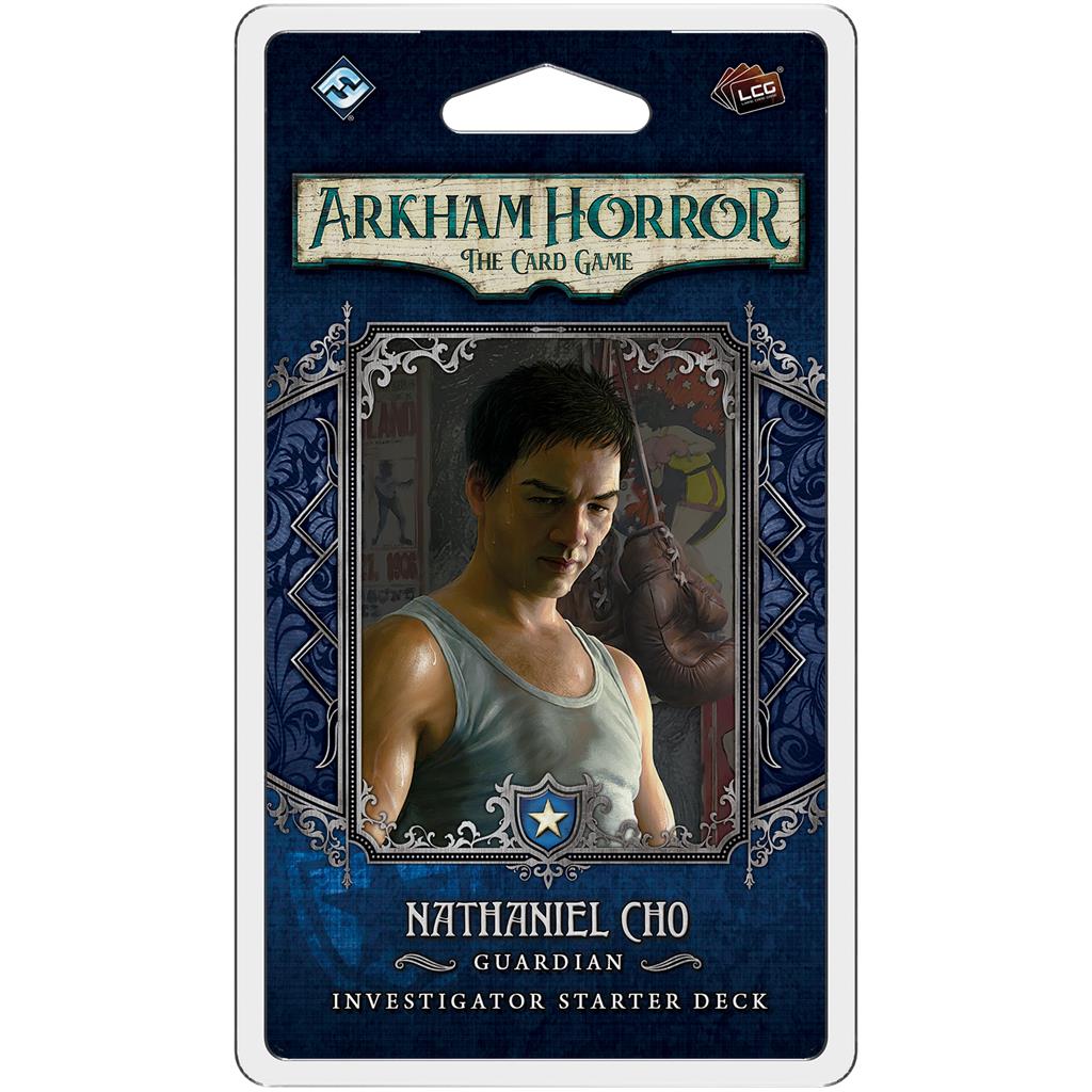 Arkham Horror LCG Nathaniel Cho Starter Deck featuring a male investigator in a tank top, framed by a dark, ornate design.