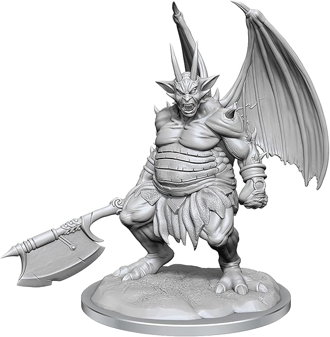 Unpainted Nycaloth miniature from Dungeons & Dragons, featuring detailed wings, muscular build, and a large axe.