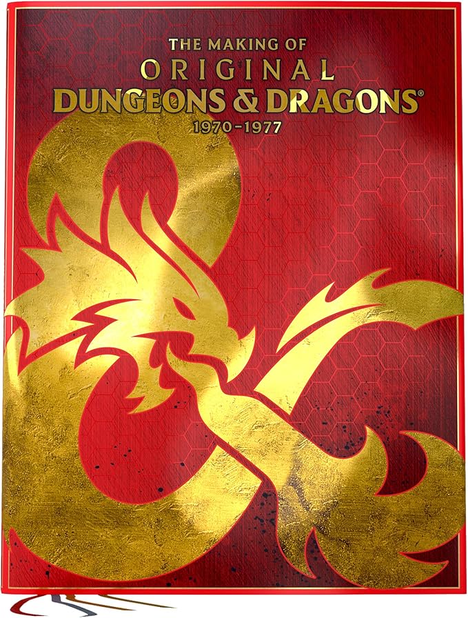 Cover of "The Making of Original Dungeons & Dragons (1970-1977)" featuring a red background with a gold dragon design and bold title.