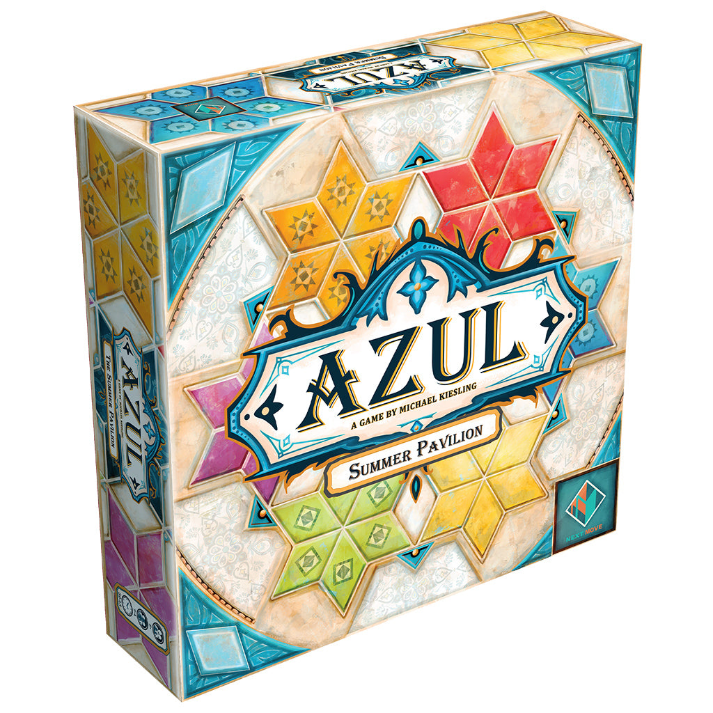 Colorful box of Azul Summer Pavilion board game featuring intricate tile designs and the title prominently displayed.