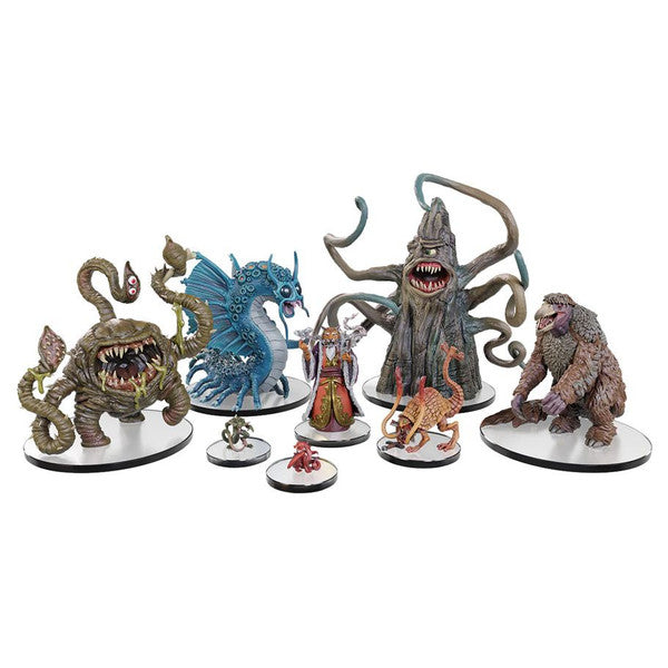 A collection of eight detailed Dungeons & Dragons miniatures, featuring various classic monsters like a beholder, hydra, and treant.
