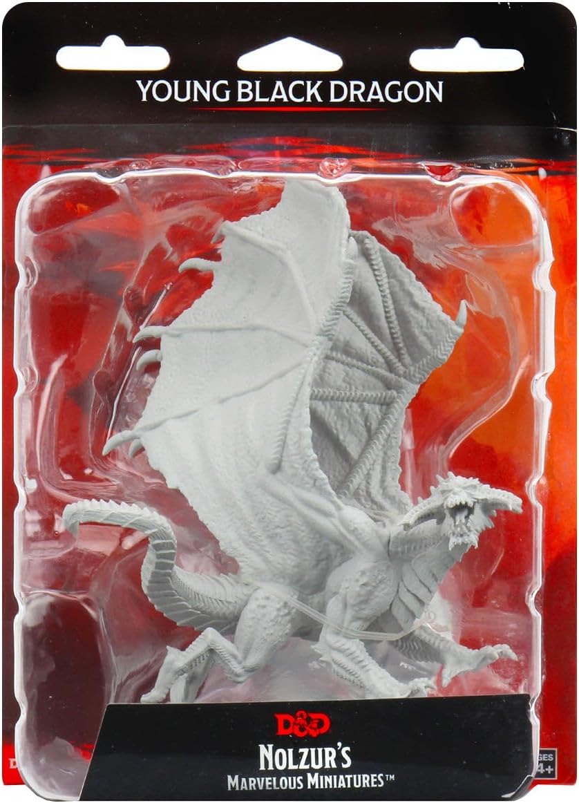 Unpainted Young Black Dragon miniature from Dungeons & Dragons Nolzur's Marvelous Minis, featuring detailed wings and claws.