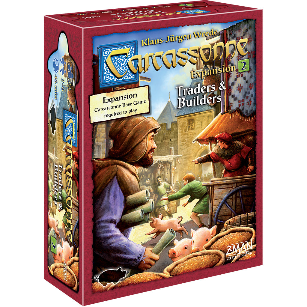 Box for Carcassonne Expansion 2: Traders and Builders featuring artwork of traders and pigs in a medieval setting.