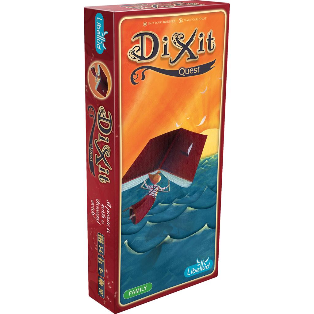 Dixit: Quest Expansion box featuring vibrant artwork of a boat sailing on waves under a colorful sunset.