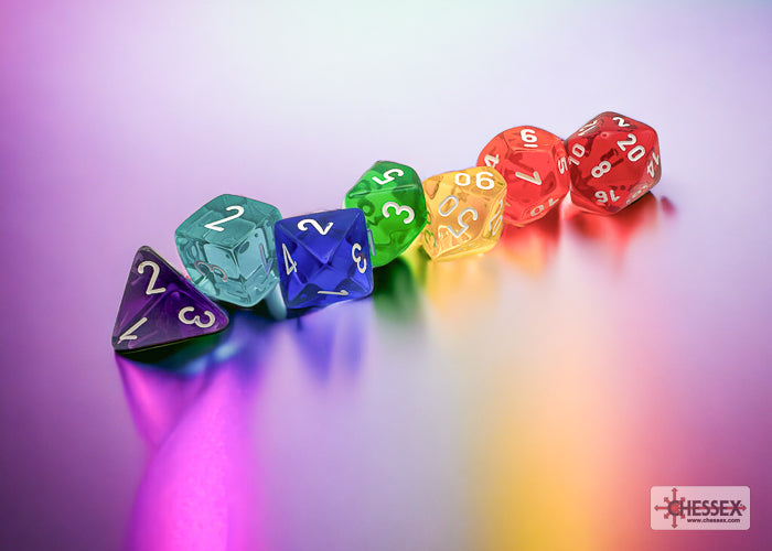 Chessex Prism Translucent polyhedral 7-die set featuring vibrant colors and clear numbering, ideal for tabletop gaming.