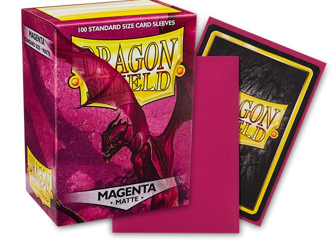 Magenta Dragon Shield matte card sleeves pack containing 100 standard size protective sleeves for gaming cards.