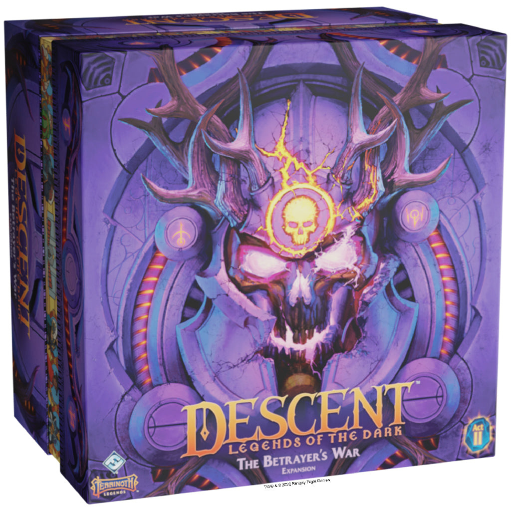 Box cover of Descent: Legends of the Dark - The Betrayer's War expansion featuring a skull and ornate designs.