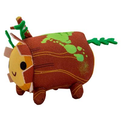 Catan Sprite Plushie in the shape of a wooden log with green accents and cute facial features, perfect for collectors.