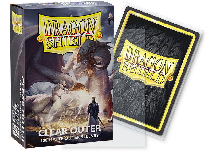 Dragon Shield Matte Sleeves in outer clear packaging, featuring a box of 100 protective card sleeves for gaming.