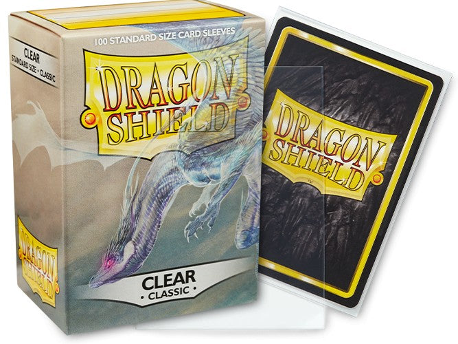 Clear Dragon Shield Classic card sleeves in a 100-count box, designed for standard size trading cards and protection.