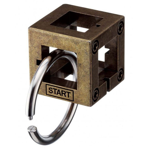 Bronze-colored Hanayama Level 2 Box puzzle featuring a metal ring and intricate geometric design for challenging gameplay.