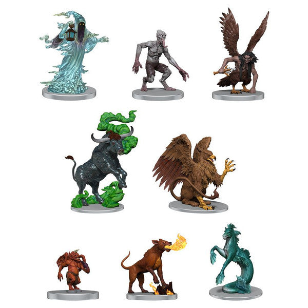 A collection of eight Dungeons & Dragons miniatures featuring various monsters, including a ghost, gorgon, griffon, and more.