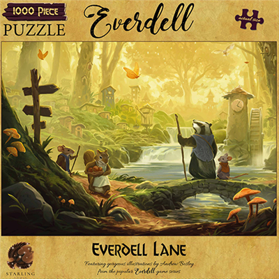 Everdell: Puzzle Everdell Lane features a serene woodland scene with animals and a bridge, showcasing vibrant autumn colors.