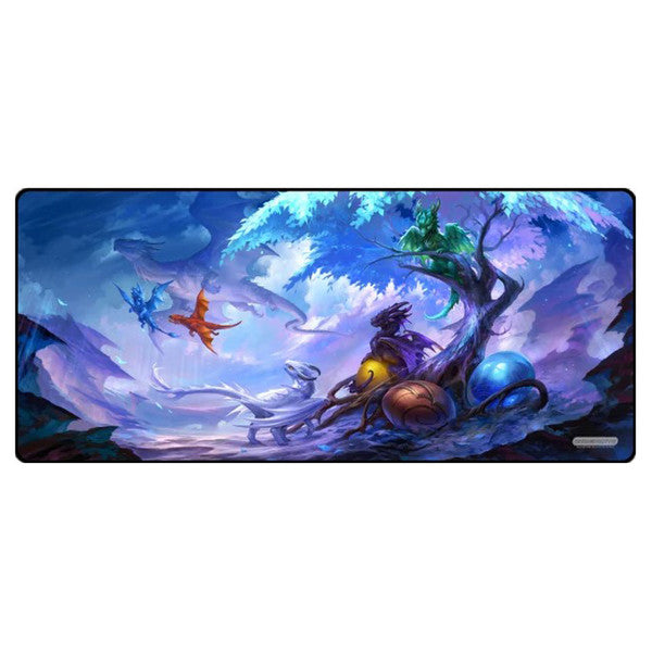 Colorful desk mat featuring baby dragons around a mystical tree, symbolizing the circle of life in a fantasy landscape.