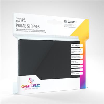 Gamegenic PRIME Sleeves in black, pack of 100, designed for standard-sized cards, offering durable protection for gaming.