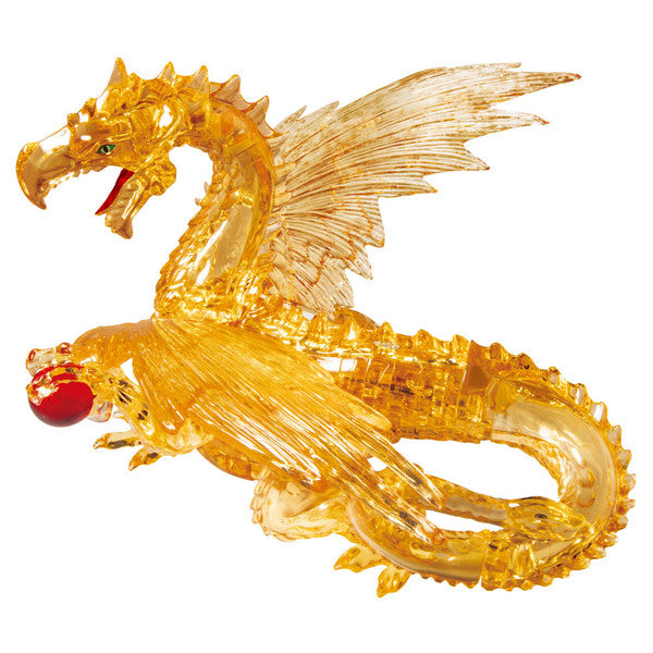 3D crystal puzzle of a golden dragon with intricate details and a red orb, showcasing a stunning design for puzzle enthusiasts.