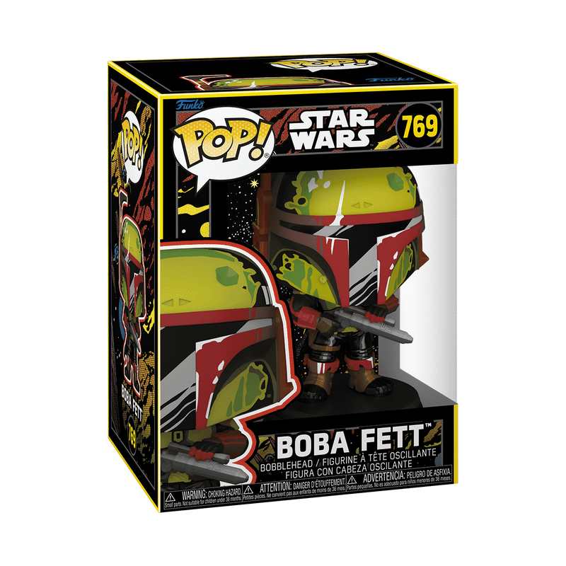 Funko Pop! Star Wars Boba Fett Retro #769 figure in box, featuring Boba Fett in iconic green and red armor with a blaster.