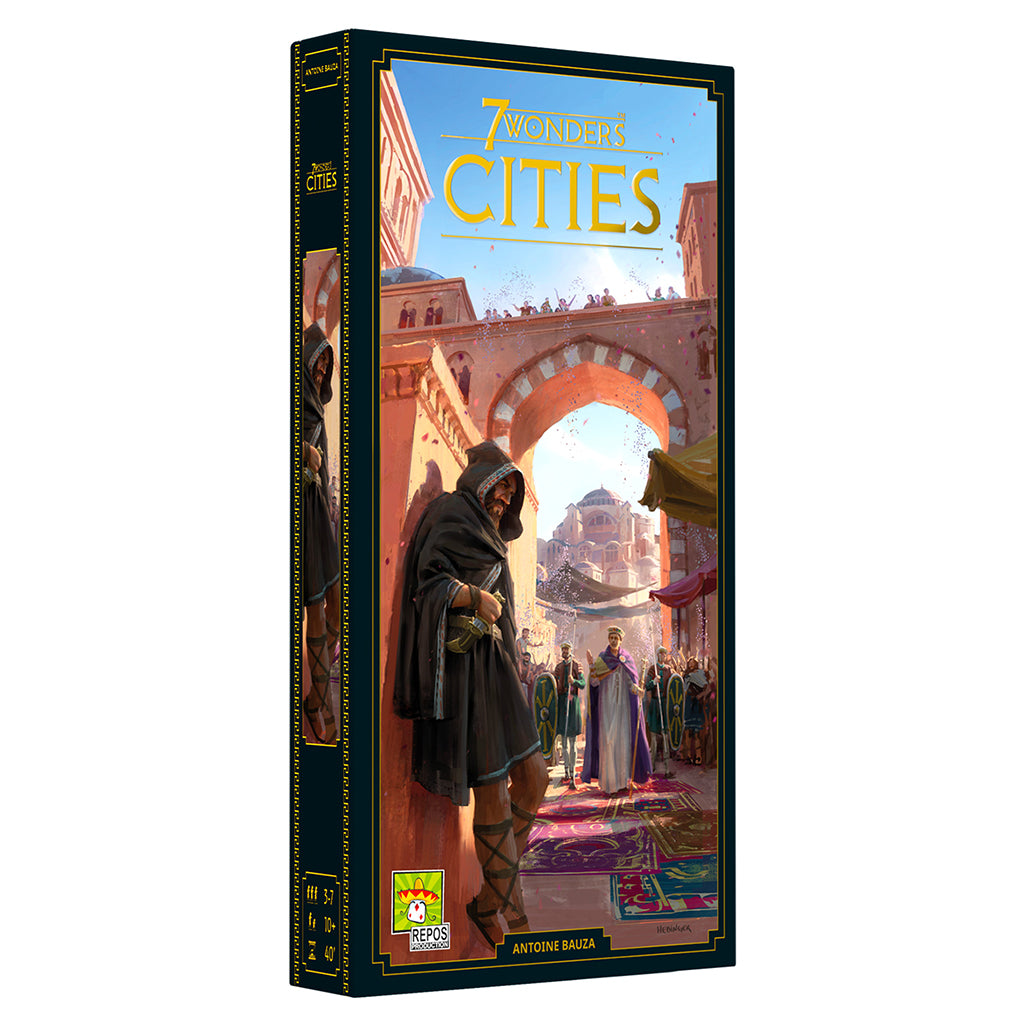 7 Wonders: Cities (New Edition) board game box featuring a vibrant market scene with characters in historical attire.
