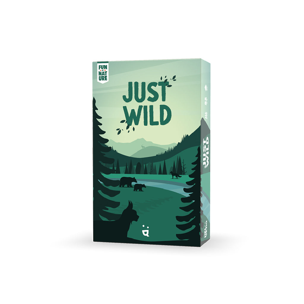 Just Wild board game box featuring a forest landscape with animals, mountains, and a serene river scene.