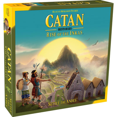 Catan - Rise of the Inkas board game box featuring vibrant artwork of Andean landscapes and Incan characters.