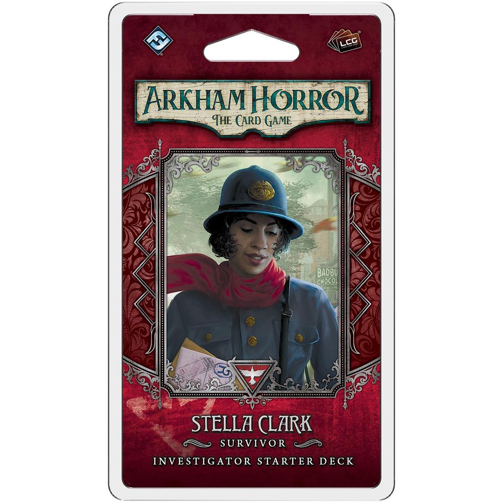 Stella Clark Starter Deck for Arkham Horror LCG featuring a female investigator in a vintage outfit on the packaging.