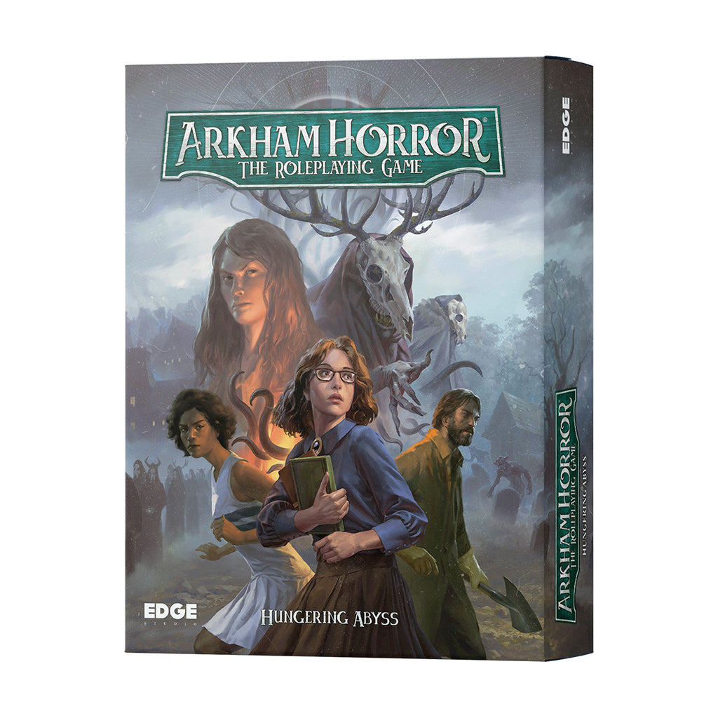 Arkham Horror RPG Starter Set: Hungering Abyss featuring eerie artwork with characters and a haunted backdrop.