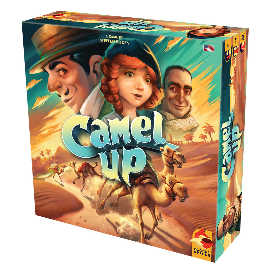 Camel Up board game box featuring colorful artwork of characters and camels in a desert setting.