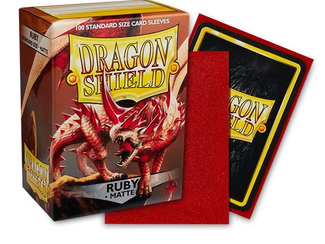 Dragon Shield Matte Sleeves in Ruby color, featuring a box of 100 standard size card sleeves and a textured red sleeve.