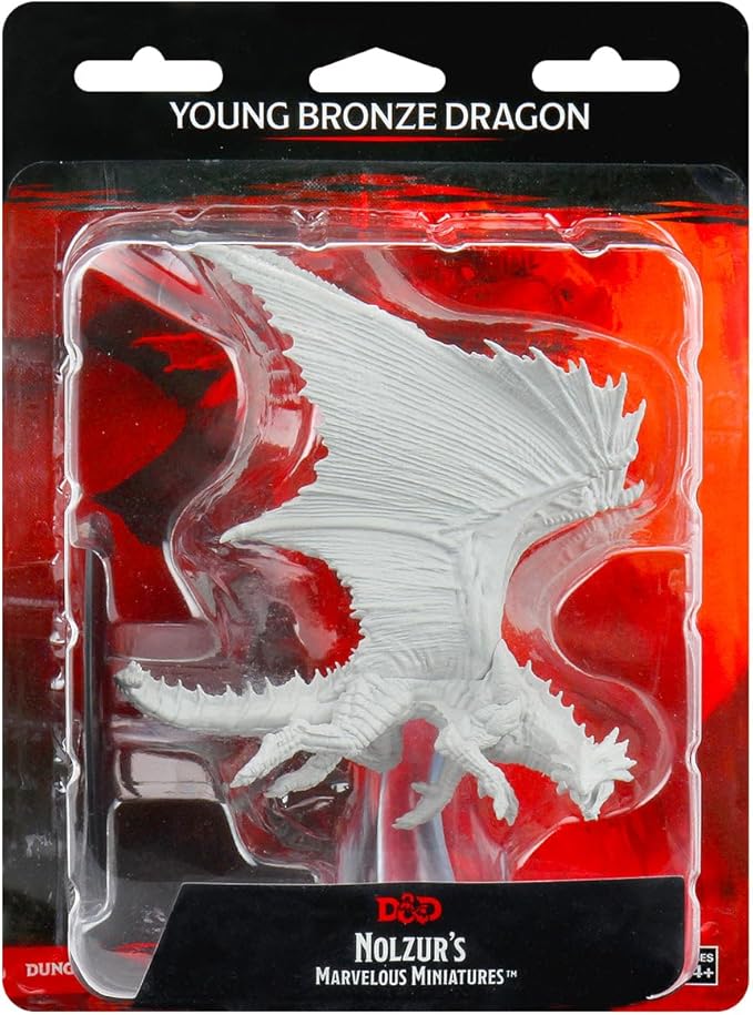 Unpainted Young Bronze Dragon miniature from Dungeons & Dragons Nolzur's Marvelous Minis, displayed in packaging.