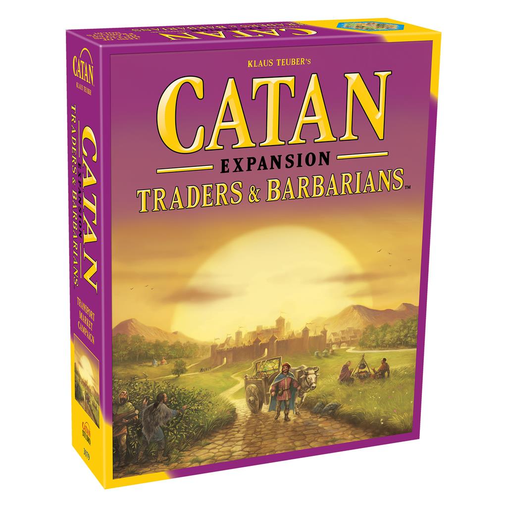Catan Traders and Barbarians expansion box featuring vibrant artwork of a landscape with a caravan and medieval town.
