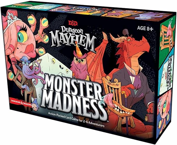 Colorful box of Dungeon Mayhem: Monster Madness featuring whimsical monster characters and game details for 2-6 players.