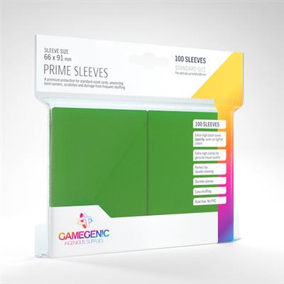 Gamegenic PRIME Sleeves Green pack containing 100 protective sleeves for standard-sized cards, measuring 66 x 91 mm.