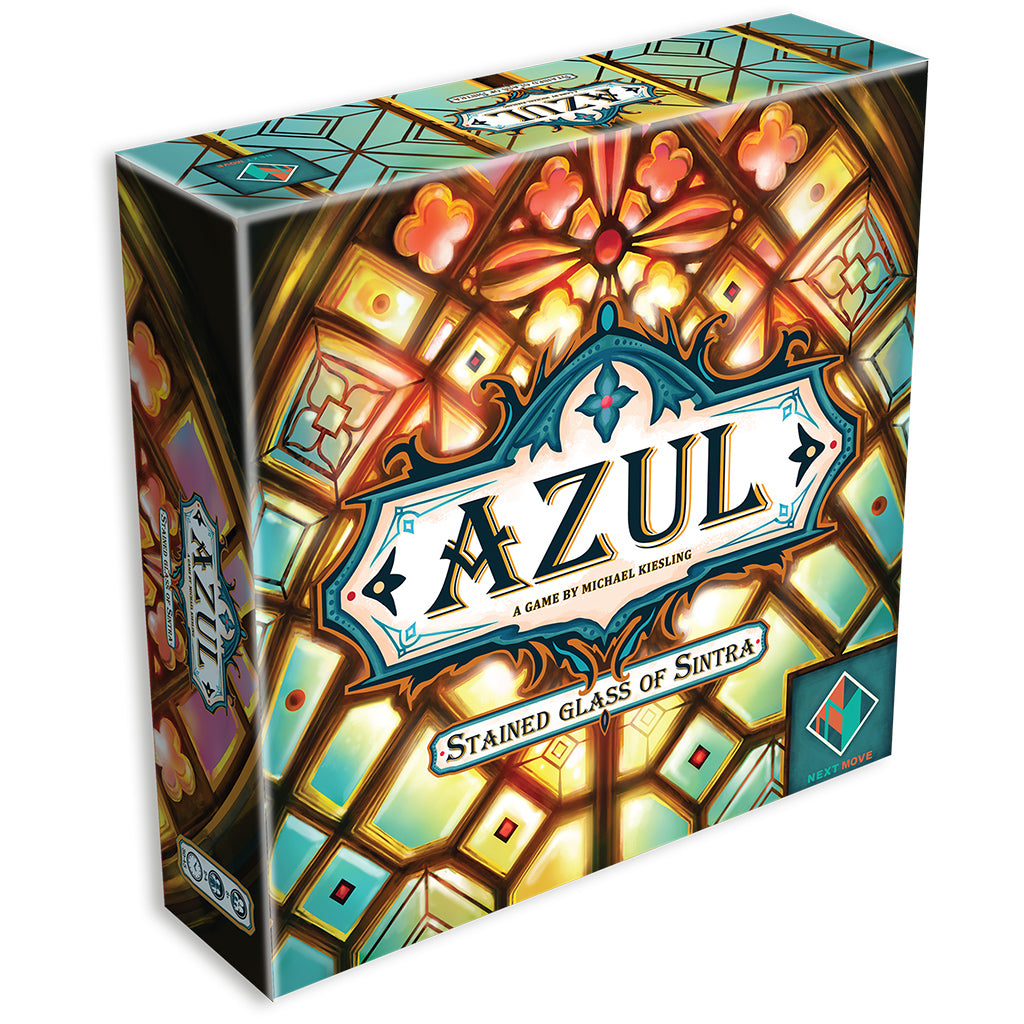Colorful box of Azul: Stained Glass of Sintra board game featuring intricate stained glass design and title.