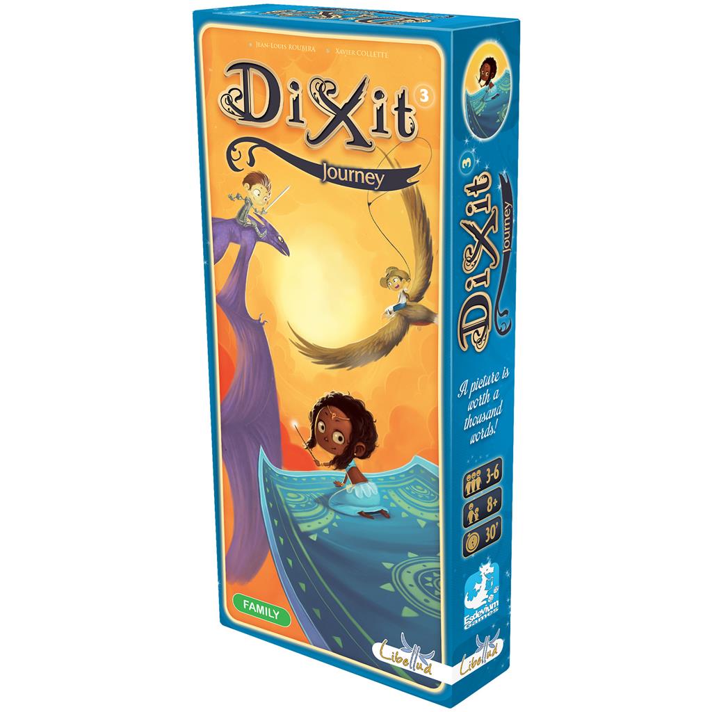 Dixit: Journey Expansion board game box featuring whimsical artwork of characters on a flying carpet. Suitable for ages 8 and up.
