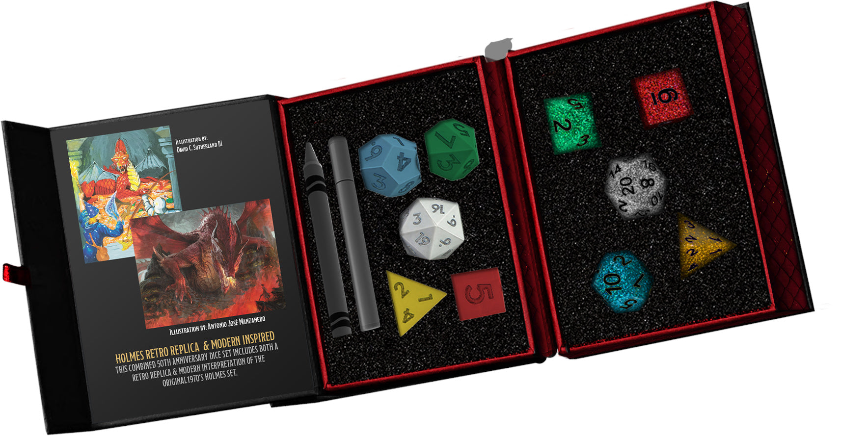 Holmes Retro & Modern Polyhedral Dice Set for D&D 50th Anniversary, featuring colorful dice and a decorative box.