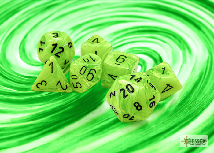 Chessex Vortex Bright Green and Black polyhedral 7-dice set featuring translucent green dice with black numbers.