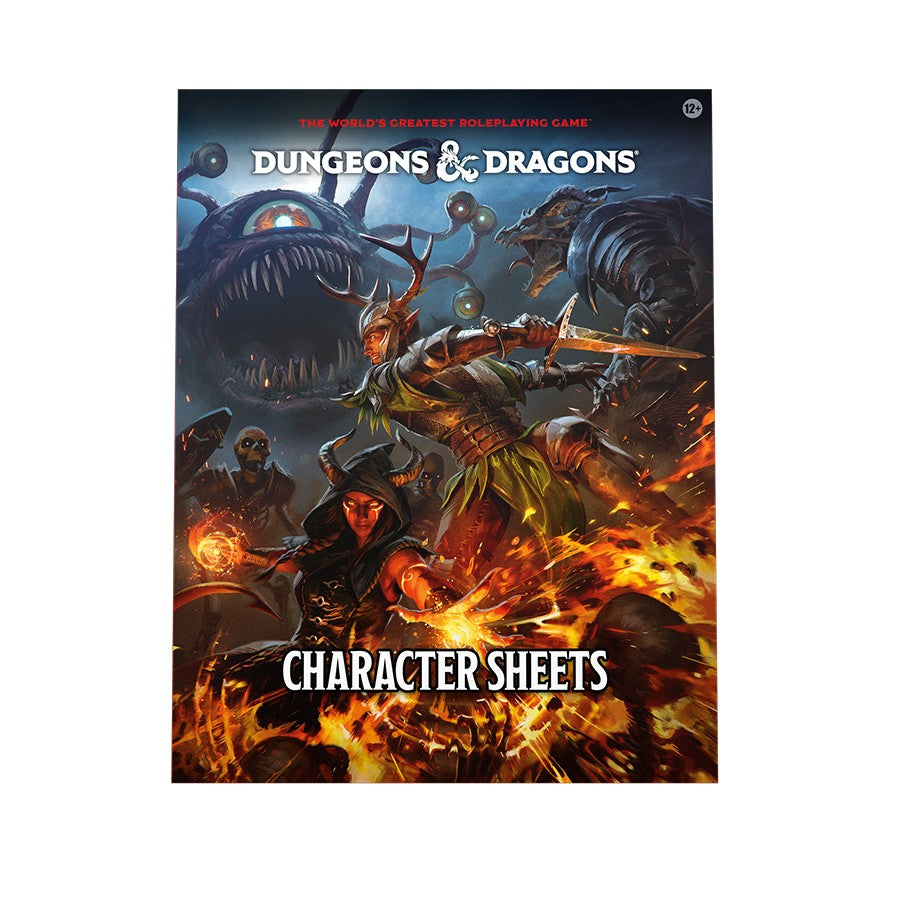 Dungeons and Dragons 2024 character sheets cover featuring adventurers battling monsters in a dynamic fantasy scene.