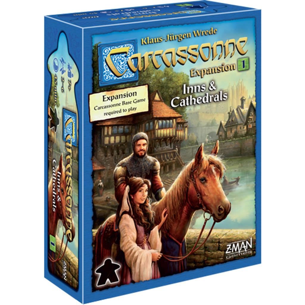 Carcassonne Expansion 1: Inns and Cathedrals box featuring artwork of a man, woman, and horse near medieval buildings.